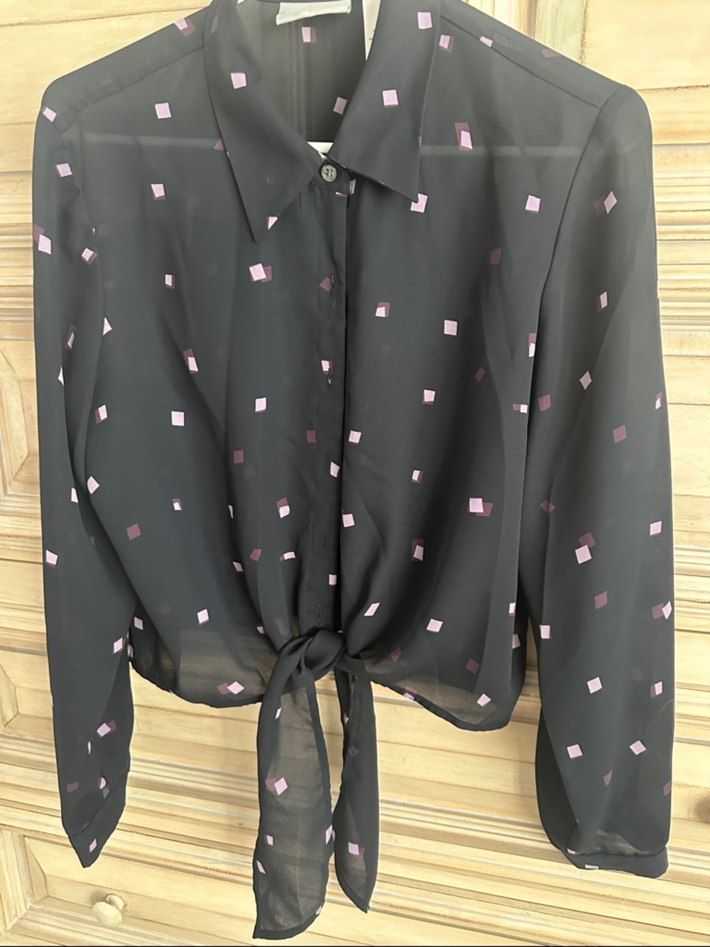 Black Sheer Tie-Front Blouse with Pink Square Print. Liz c